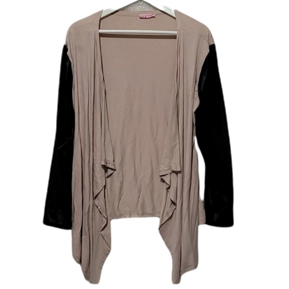 Vegan leather sleeved open cardigan